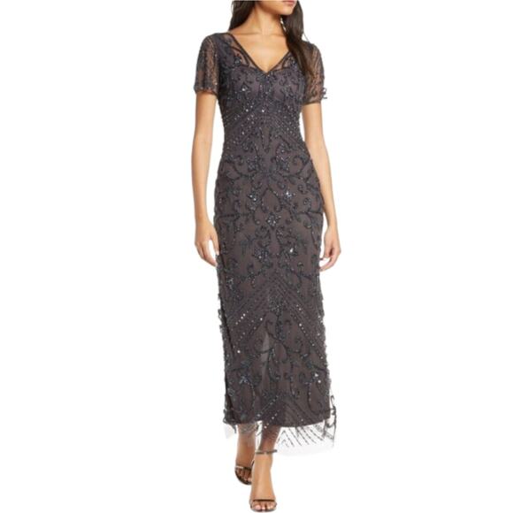 Pisarro Nights Illusion Beaded Mother of Bride Dress Women 8P Gray Wedding Party - Picture 1 of 13